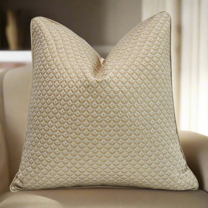 Neutral Beige Gold Metallic Thread Geometric Cushion