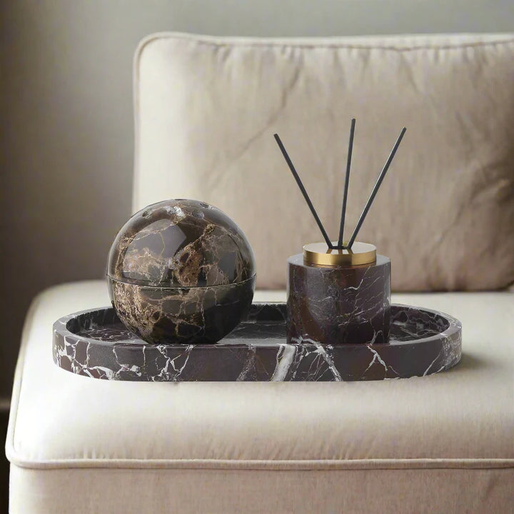 Luxury Brown Solid Marble Round Diffuser Home Fragrance Set