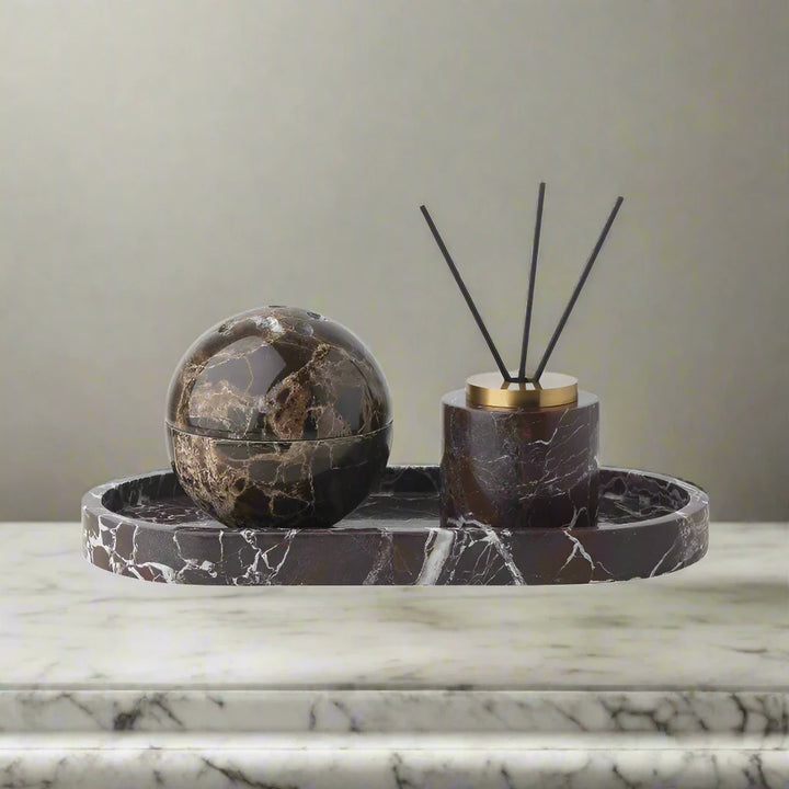 Luxury Round Solid Brown Marble & Antique Brass Reed Diffuser