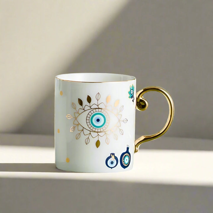 Set of 4 Modern Hand-Painted White and Blue Evil Eye Cups
