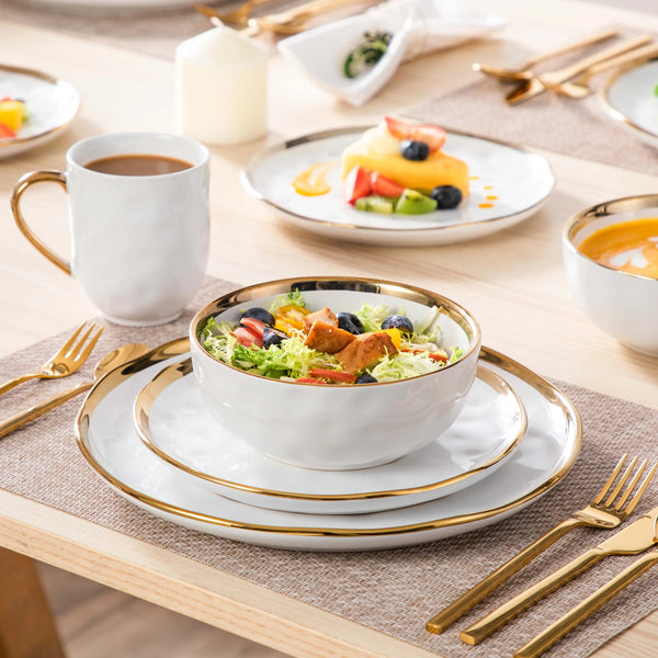 Modern 32-Piece Gold Trim White Dinner Set