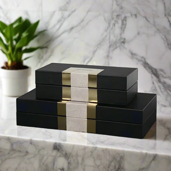 Luxury Set of 2 Antique Brass Black Leather Storage Boxes