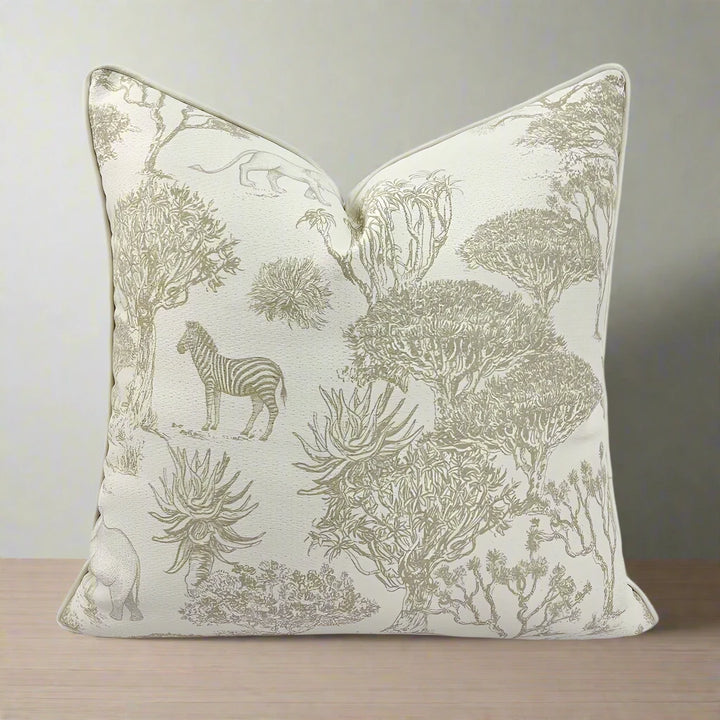 beige chinoiserie jungle print cushion cover