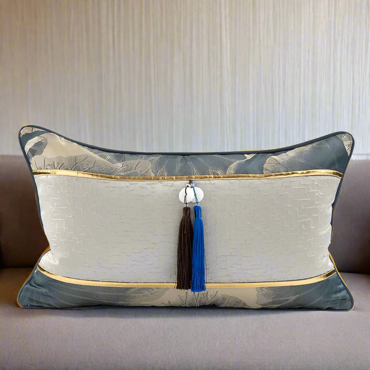 Luxury Blue & Gold Pattern Tassel Satin Rectangle Cushion