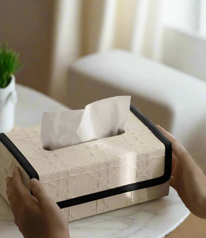  Luxury Beige Leather Trim Linen Embossed Pattern Tissue Box