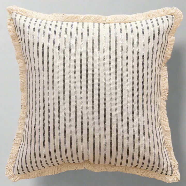 Grey Striped Linen Style Fringe Border Cushion