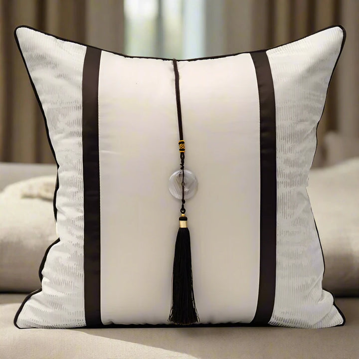 Luxury Beige Marbled Satin Tassel Cushion