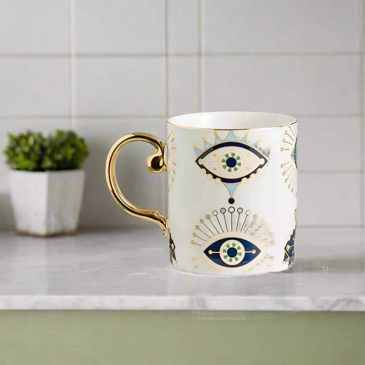 Set of 4 Modern Hand-Painted White and Blue Evil Eye Cups
