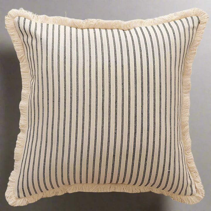 Black Striped Linen Style Fringe Border Cushion