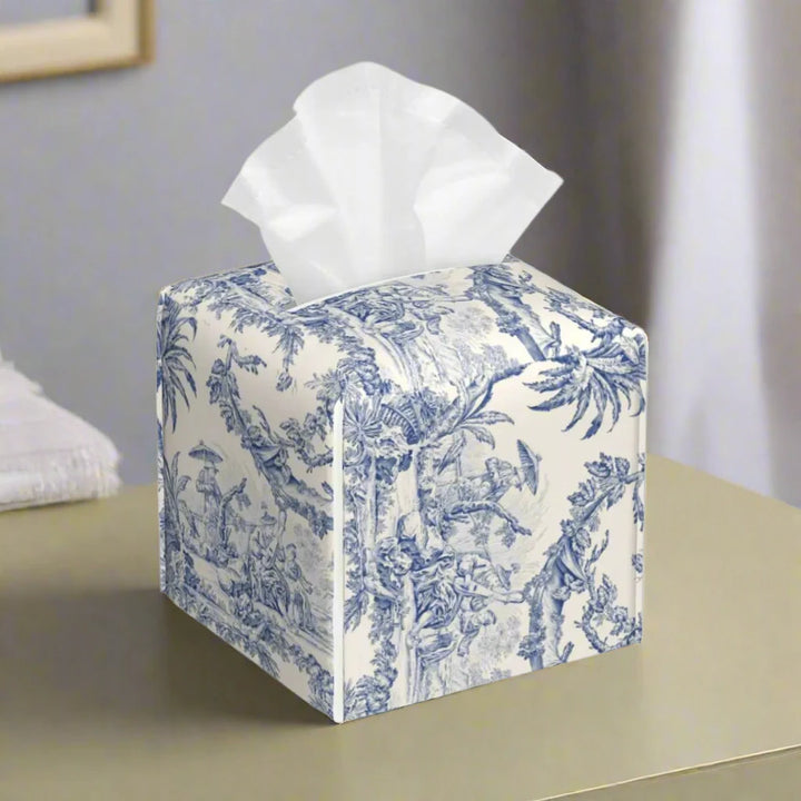 Blue Toile Print Leather Tissue Box