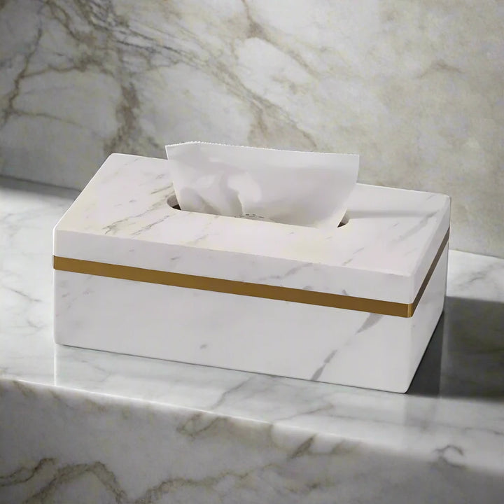 Luxury Antique Brass Trim Solid Marble Large Tissue Box