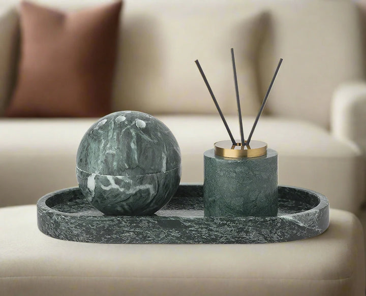 Luxury Round Solid Green Marble & Antique Brass Reed Diffuser