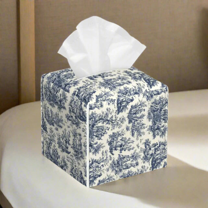 Blue Toile Print Leather Tissue Box