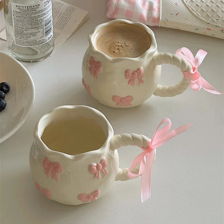 Embossed Pink Bow Stoneware Mug