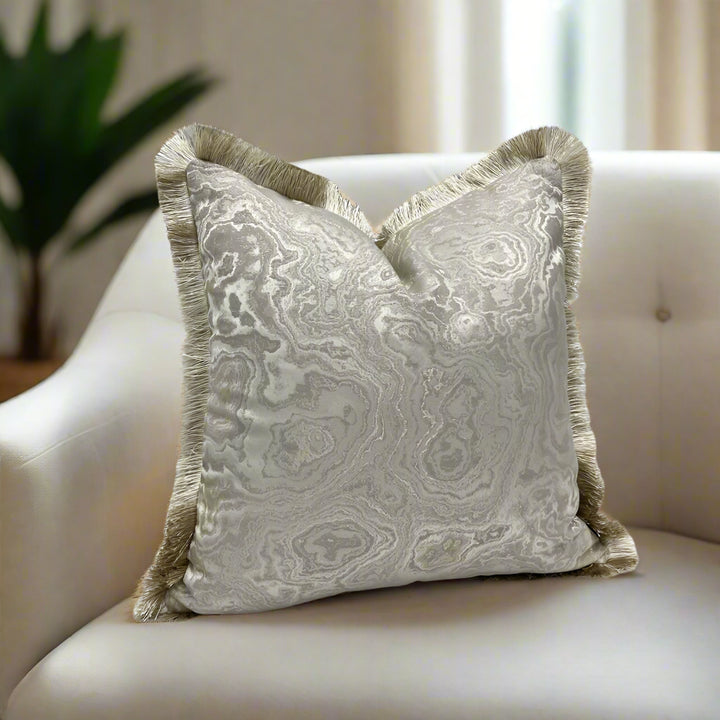 Beige Moire Print Fringe Border Cushion