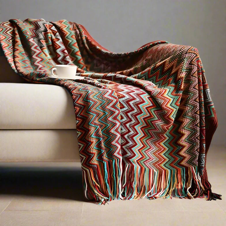 Luxury Home Decor Multi Coloured Patterned Tassel Throw Blanket