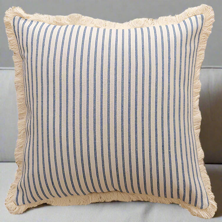 Blue Striped Linen Style Fringe Border Cushion