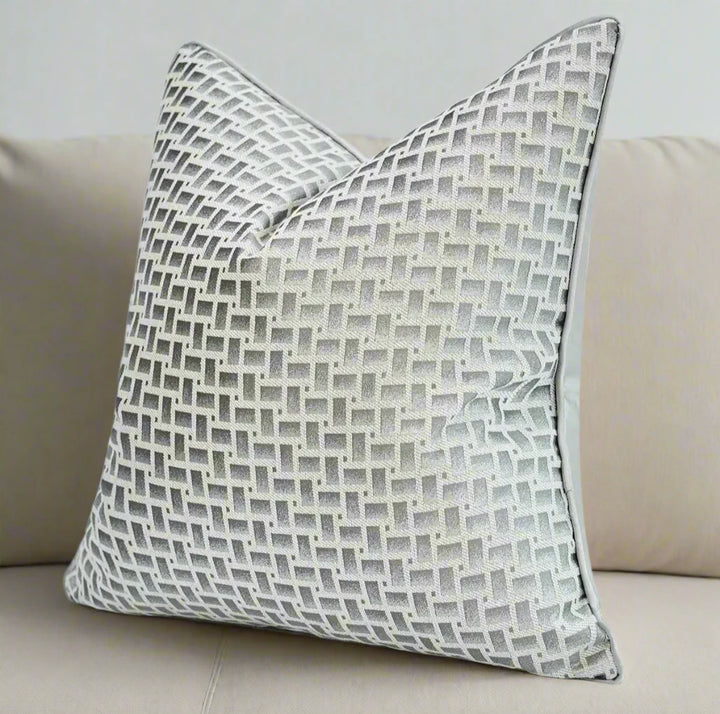 Neutral Silver Geometric Embroidered Cushion Cover