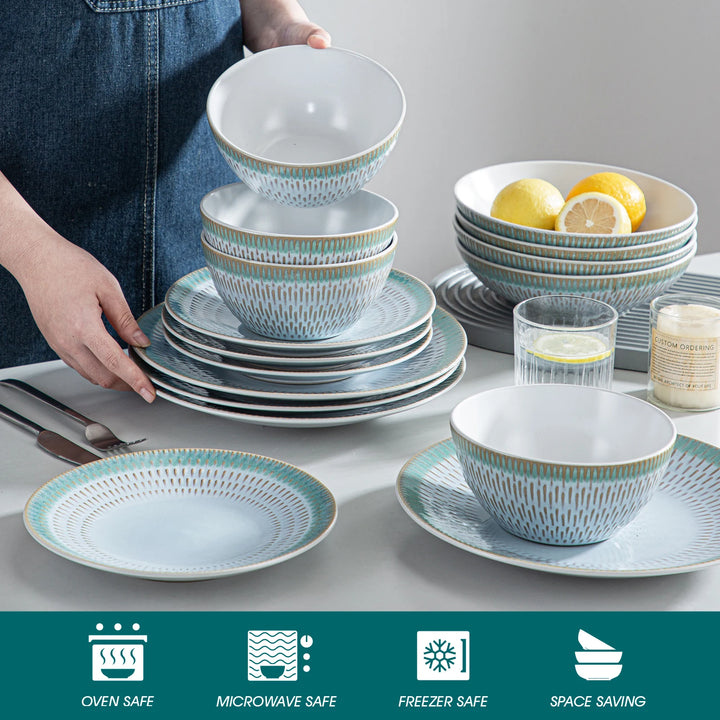 48-Piece Light Blue Green Pattern Dinnerware Set