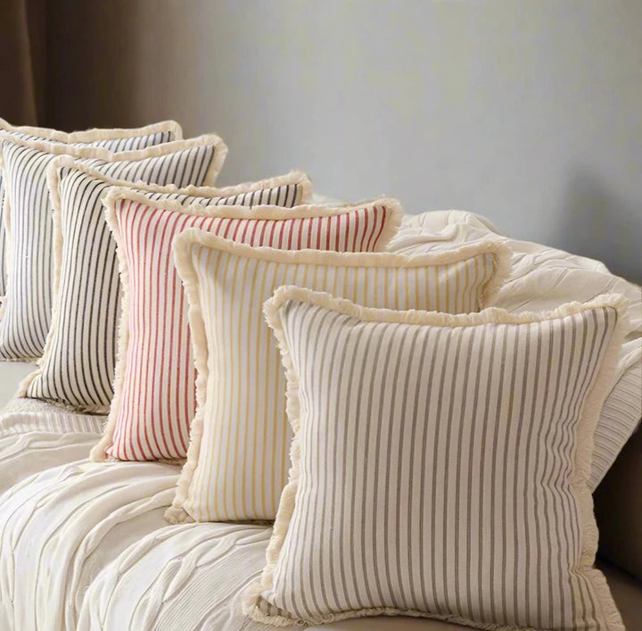 Striped Linen Style Fringe Border Cushion