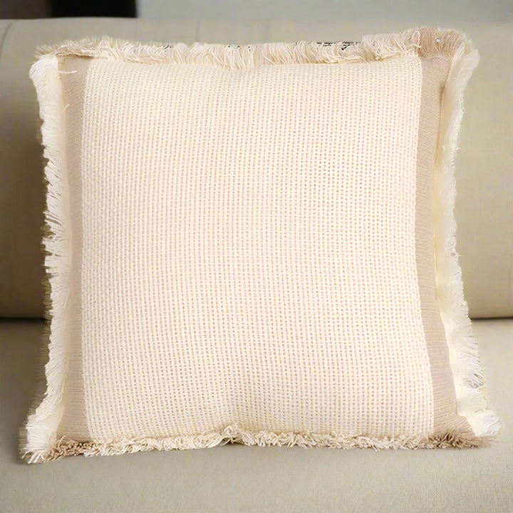 Neutral Beige Linen Style Fringed Trim Cushion