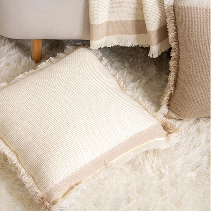 Neutral Beige Linen Style Fringed Trim Cushion