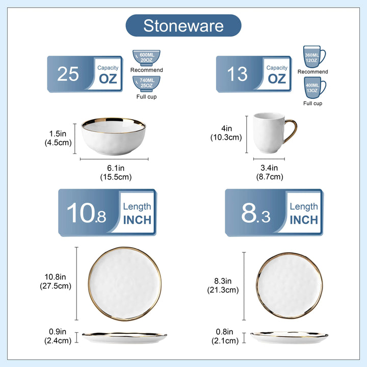 Modern 32-Piece Gold Trim White Dinner Set