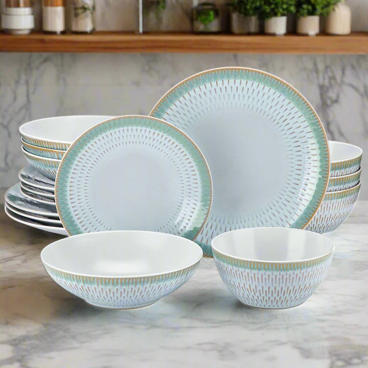 48-Piece Light Blue Green Pattern Dinnerware Set