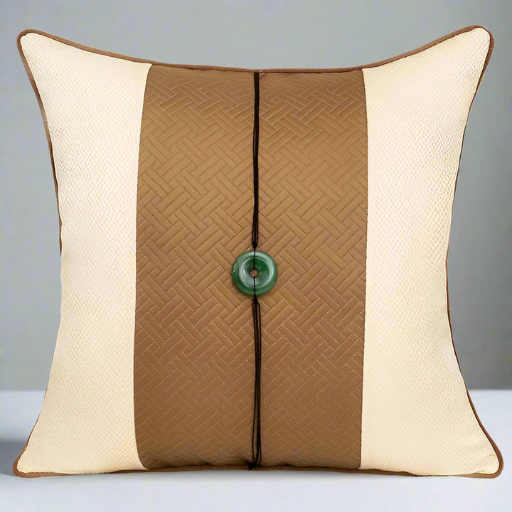 Luxury Geometric Tan Brown Trim Cream Satin Cushion