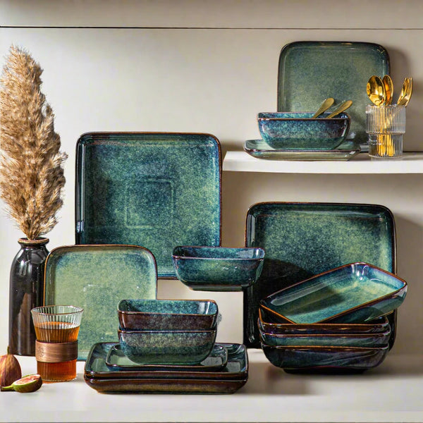 Modern 16-Piece Nordic Sea Green Glaze Square Dinner Set