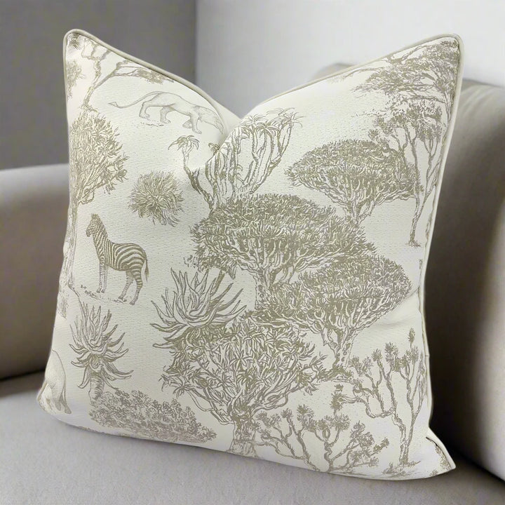 beige chinoiserie jungle print cushion cover