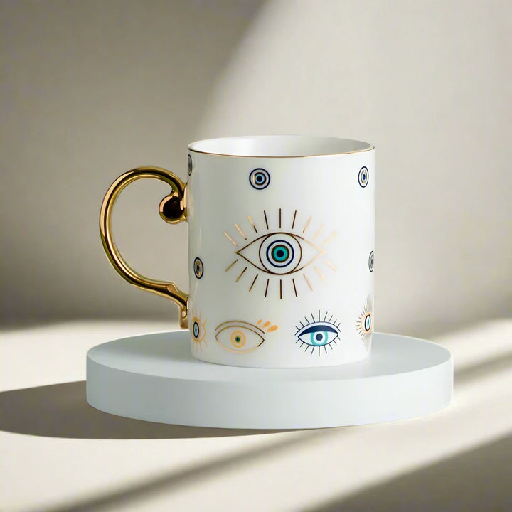 Set of 4 Modern Hand-Painted White and Blue Evil Eye Cups
