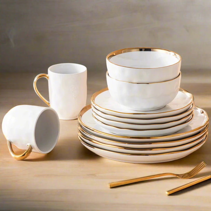 Modern 32-Piece Gold Trim White Dinner Set
