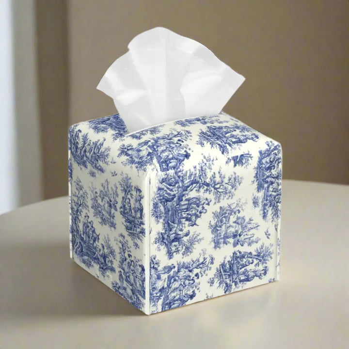 Blue Toile Print Leather Tissue Box