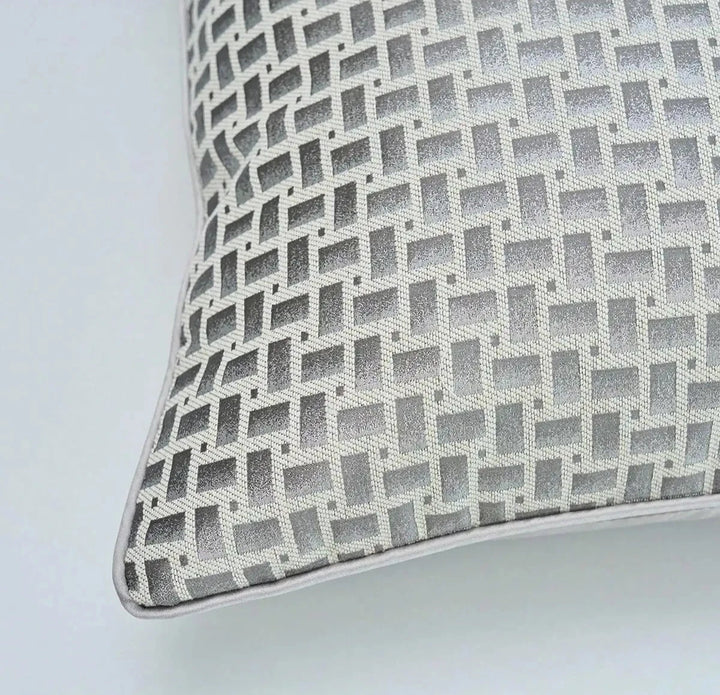 Neutral Silver Geometric Embroidered Cushion Cover
