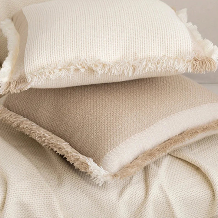 Neutral Beige Linen Style Fringed Trim Cushion