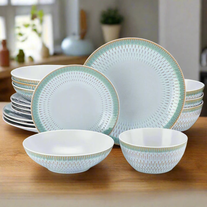 48-Piece Light Blue Green Pattern Dinnerware Set