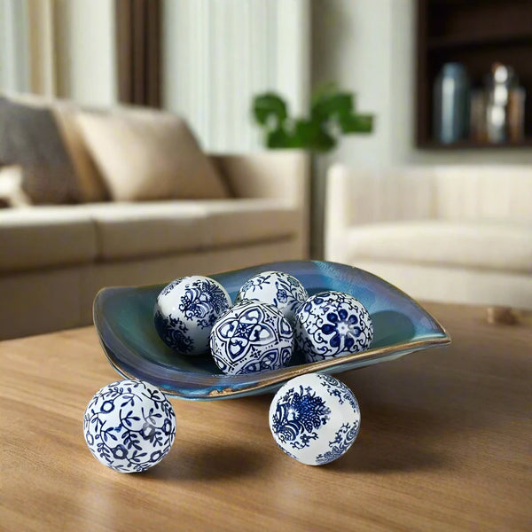 Set of 6 Blue Chinoiserie Toile Print Porcelain Balls