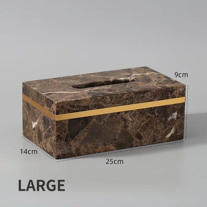 Luxury Antique Brass Trim Brown Solid Marble Large Tissue Box