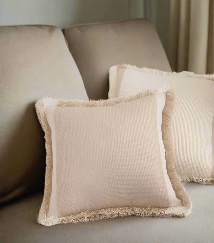 Neutral Beige Linen Style Fringed Trim Cushion