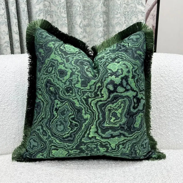 Emerald Green Moire Print Fringe Border Square Cushion