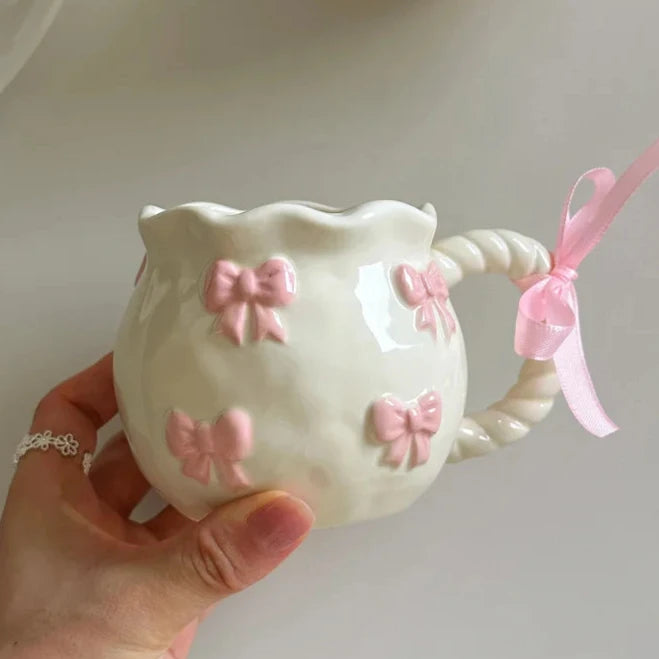 Embossed Pink Bow Stoneware Mug