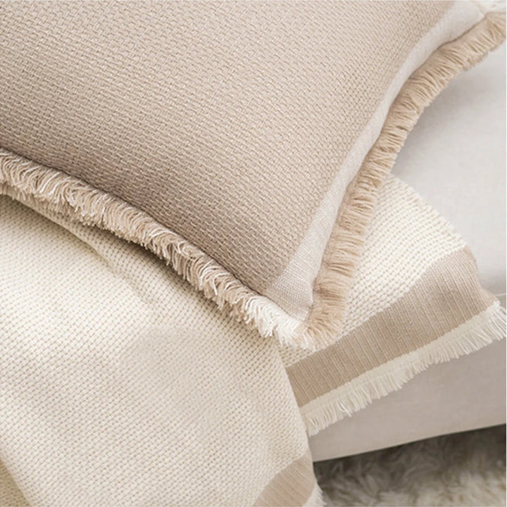 Neutral Beige Linen Style Fringed Trim Cushion