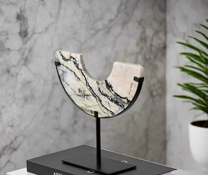 Luxury Half Moon Veined Marble Disc on Stand Ornament