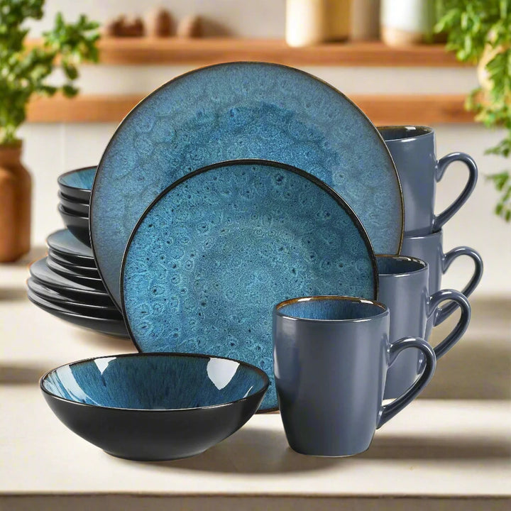 Modern Deep Sea Blue 48-Piece Bubble Glaze Dinner Set