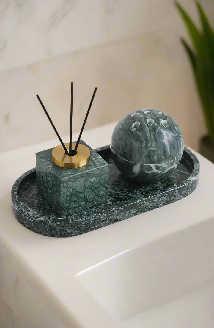 Luxury Antique Brass Solid Green Marble Square Reed Diffuser