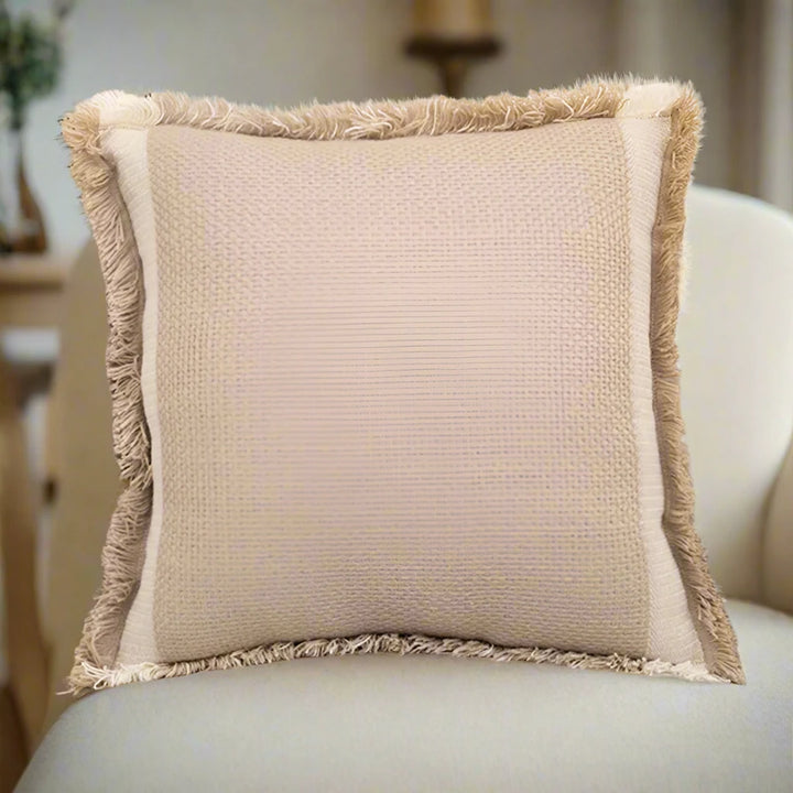 Neutral Beige Linen Style Fringed Trim Cushion