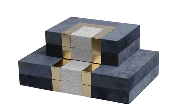 Luxury Set of 2 Navy Blue Suede Storage Boxes