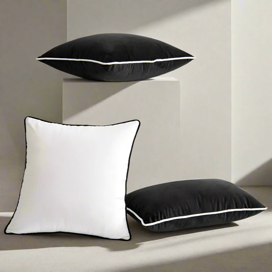 Luxury Set of Six White and Black Velvet Piped Cushions