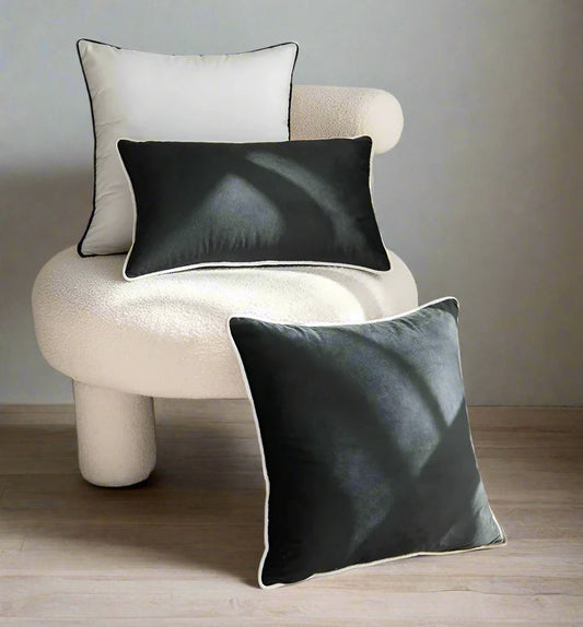 Luxury Set of Six White and Black Velvet Piped Cushions